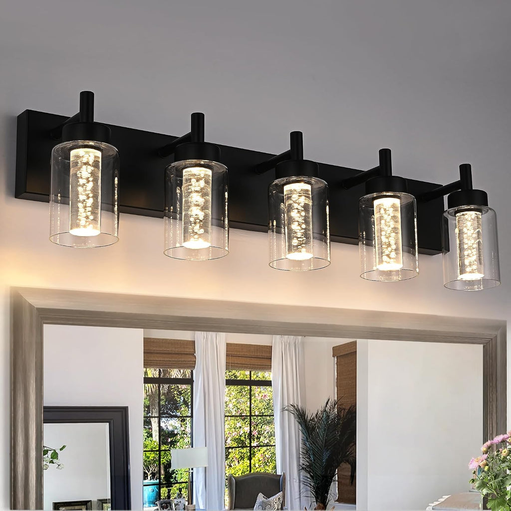 5-Light LED Bathroom Vanity Light Fixtures, Metal Black Finish Bathroom Lighting Over Mirror Interior Wall Lighting Fixtures with Crystal Bulb Clear Glass Shade(LED Bulbs Included)