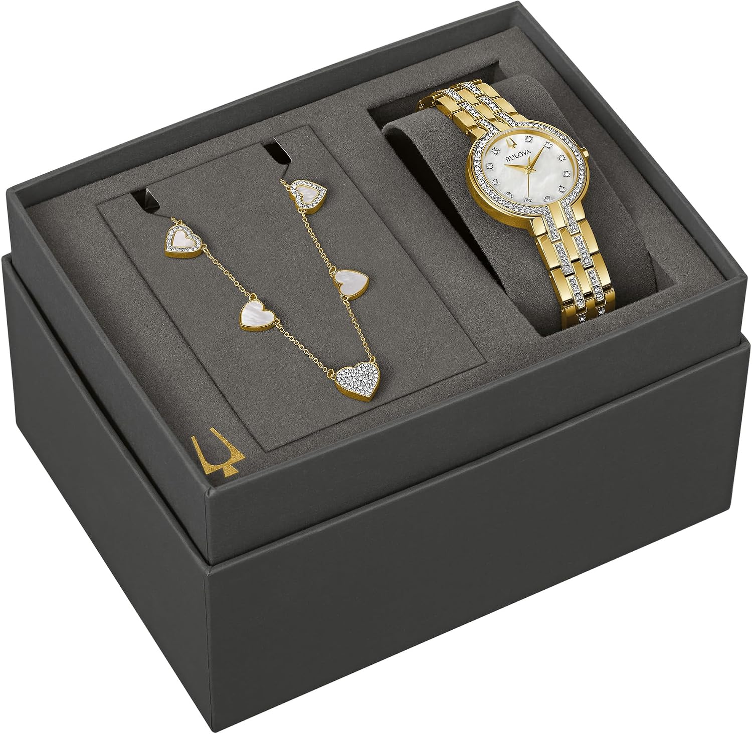 Bulova-Ladies' Crystal Gold-Tone Stainless Steel Box Set with White Mother-of-Pearl Dial 3-Hand Quartz-Watch and MOP Crystal Accent Hearts Pendant-Necklace, 30mm Style:98X138