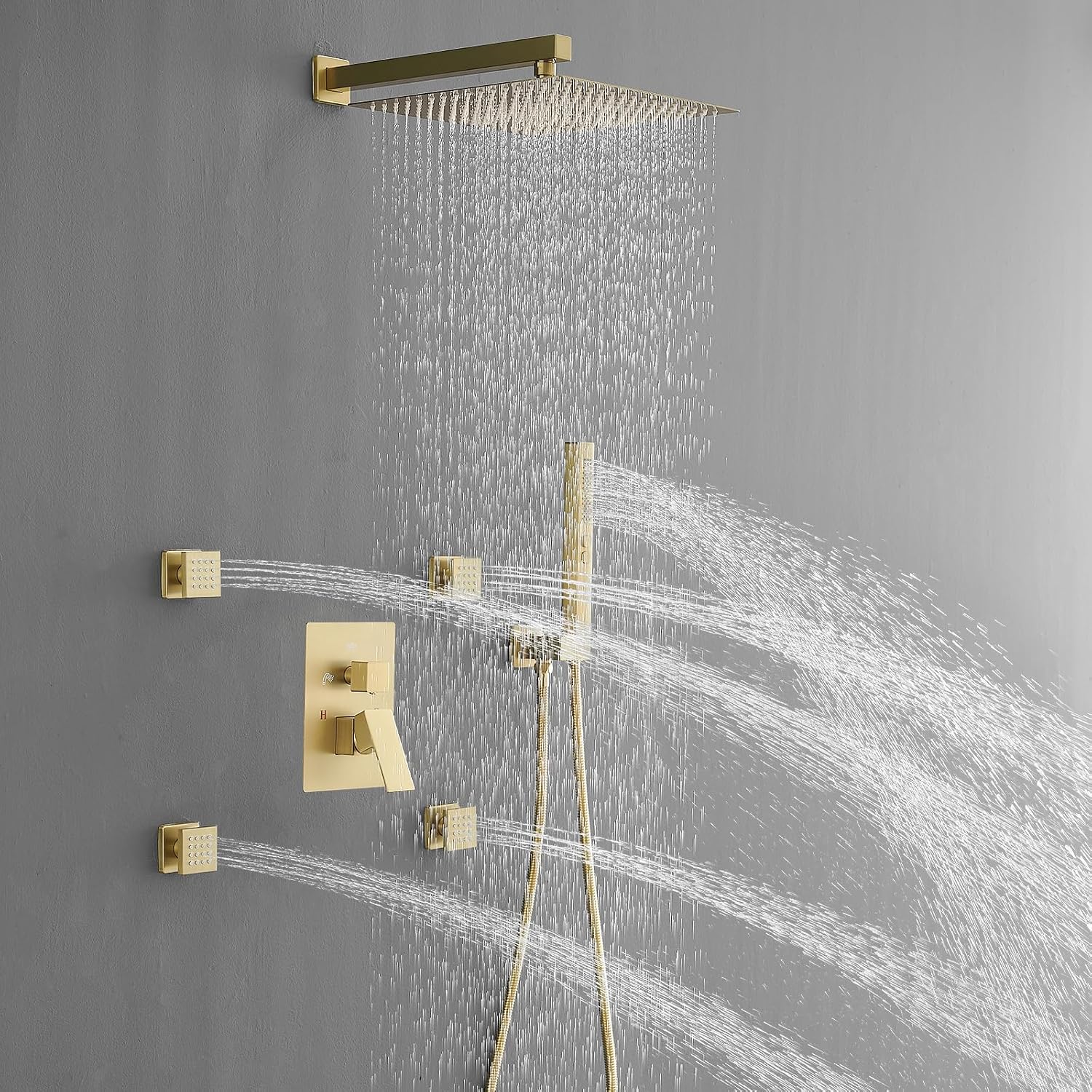 RUMOSE Rainfall Shower System with 4 Body Jets Wall Mounted 4 Mode Shower Faucet Set with 12 Inch Rain Shower Head and 2 in 1 Handheld Spray, Brushed Gold Brass Shower Fixtures, Rough-in Valve
