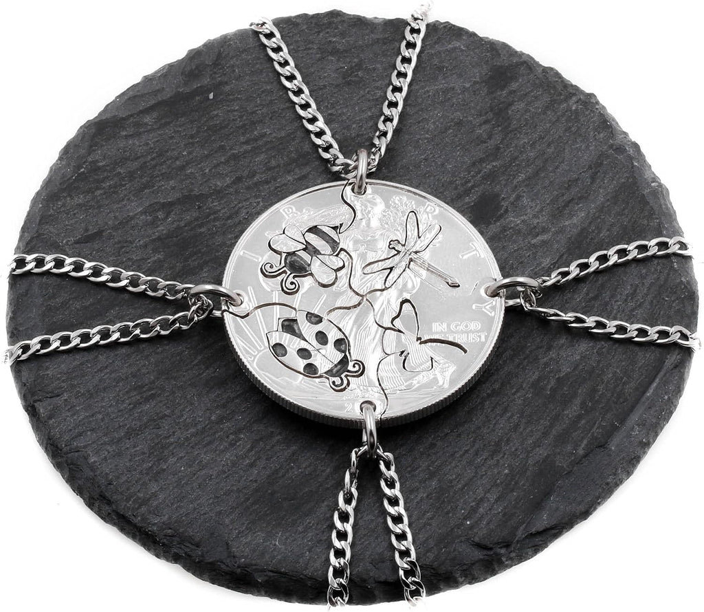 4 Piece Bug Necklaces, Ladybug, Bee, Dragonfly, Butterfly, Engraved Insects, Hand Cut Coin, By NameCoins
