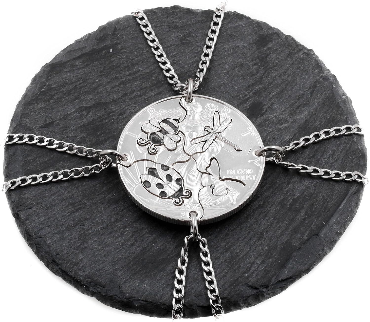 4 Piece Bug Necklaces, Ladybug, Bee, Dragonfly, Butterfly, Engraved Insects, Hand Cut Coin, By NameCoins