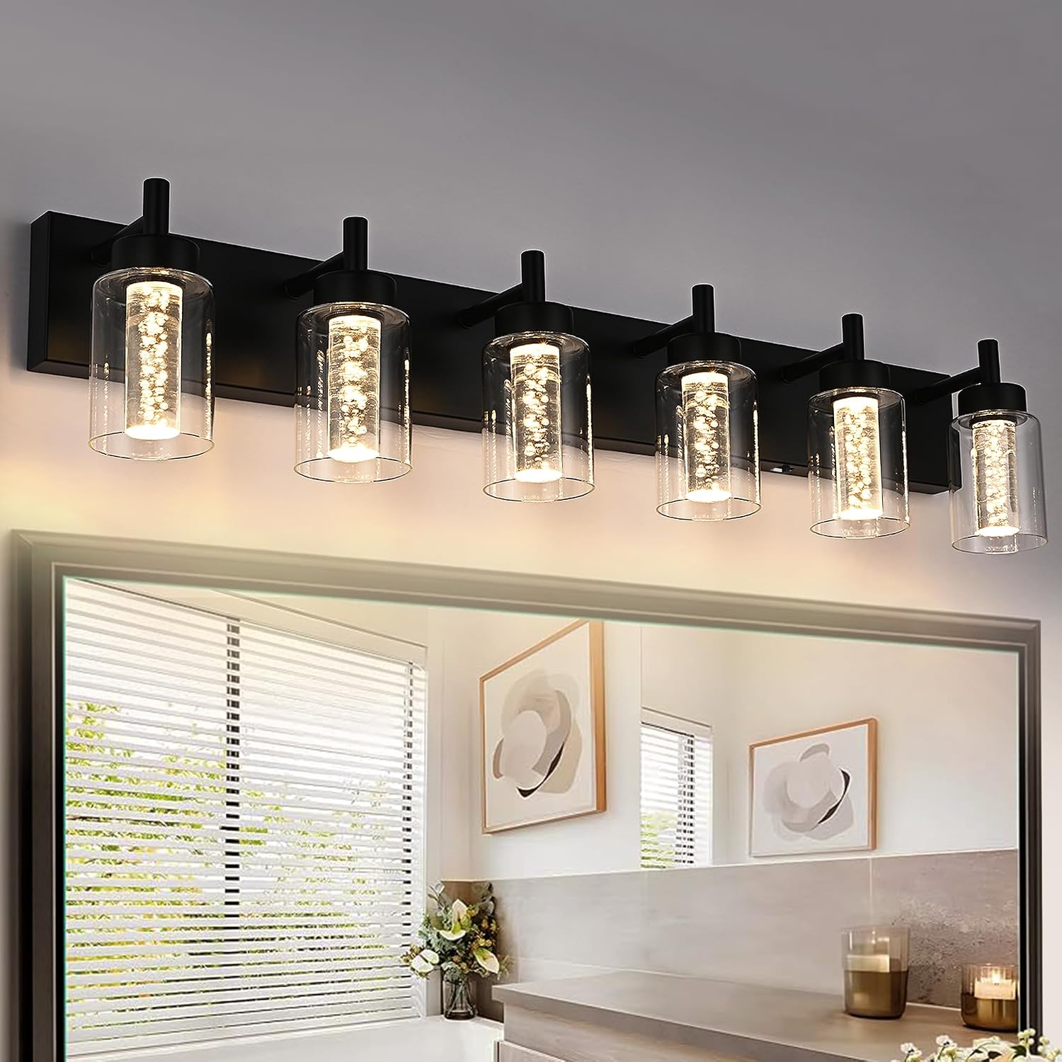 LED Bathroom Vanity Light Fixtures, 6 Light Indoor Wall Sconces Lighting with Clear Glass Shade and Crystal Bulb Black Lights for Mirror, Kitchen, Living Room, Gallery(LED Bulbs Included)