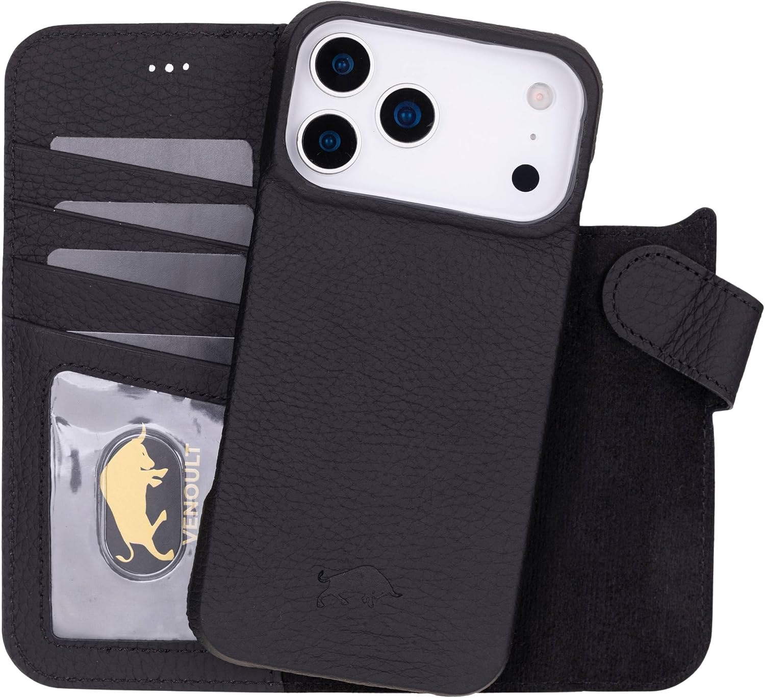 VENOULT Leather Wallet Case for iPhone 17 Pro Max, Full Grain Genuine Leather, Magnetic Detachable, 4 Card Holder, Buesiness Style, Compatible with MagSafe, RFID, Handmade (Pebble Black)