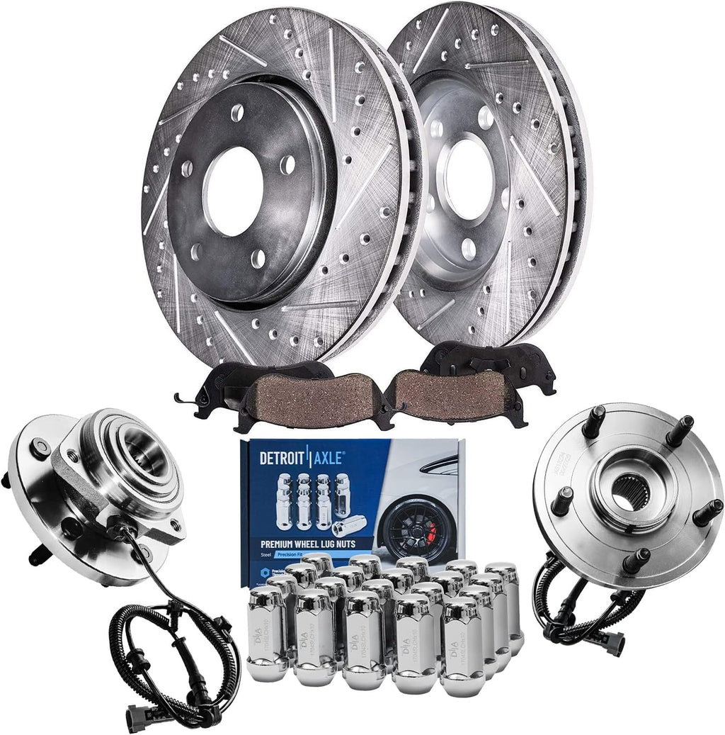 Detroit Axle - Front Brake Kit for 2005-2010 Jeep Grand Cherokee 2006-2010 Commander Drilled & Slotted Brake Rotors Ceramic Brakes Pads Wheel Bearing Hubs Assembly 20pc Wheel Lug Nuts Replacement