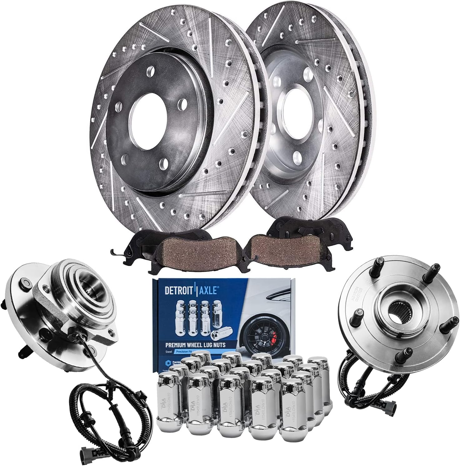 Detroit Axle - Front Brake Kit for 2005-2010 Jeep Grand Cherokee 2006-2010 Commander Drilled & Slotted Brake Rotors Ceramic Brakes Pads Wheel Bearing Hubs Assembly 20pc Wheel Lug Nuts Replacement
