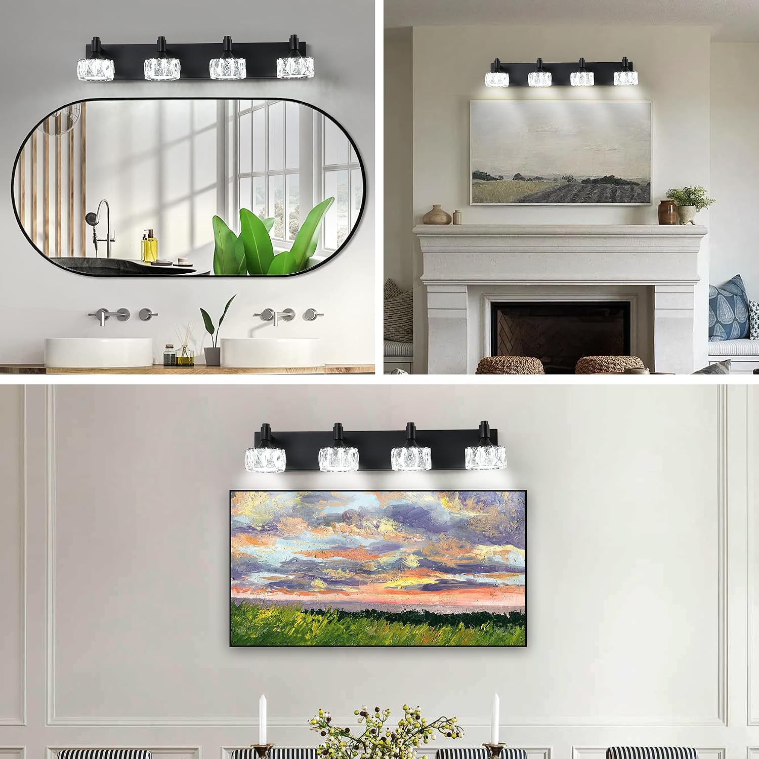 Modern 4-Light LED Vanity Light Dimmable with Faceted Crystal Shades 27.6 Inch Bathroom Lighting Fixture Matte Black and Brushed Gold Finish
