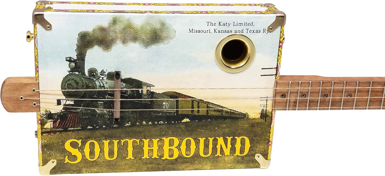 'The Southbound Katy' 3-string Acoustic-Electric Cigar Box Guitar - Featuring a Vintage Railroad Postcard Design!