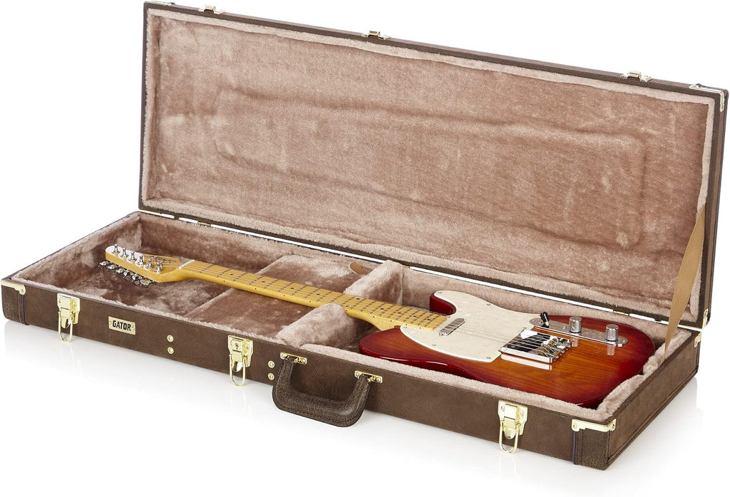 Gator GW-ELECT-VIN Deluxe Wood Case for Double-Cutaway Electric Guitars - Vintage Brown Bundle with Picks, Strap, Instrument Cable, and Austin Bazaar Polishing Cloth