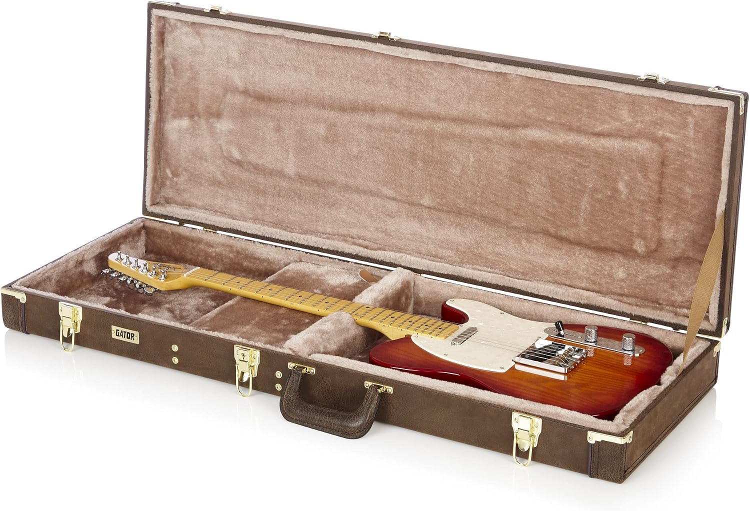 Gator GW-ELECT-VIN Deluxe Wood Case for Double-Cutaway Electric Guitars - Vintage Brown Bundle with Picks, Strap, Instrument Cable, and Austin Bazaar Polishing Cloth