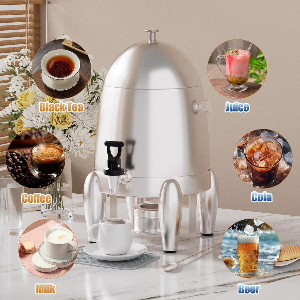 3 Gallon Beverage Dispenser with Stand, Commercial Coffee Urn with Spigot, Hot Drink Buffet Warmer Server for Parties Weddings Holiday Entertaining Catering Events (Plus Mixing Spoon and Drip Mat)