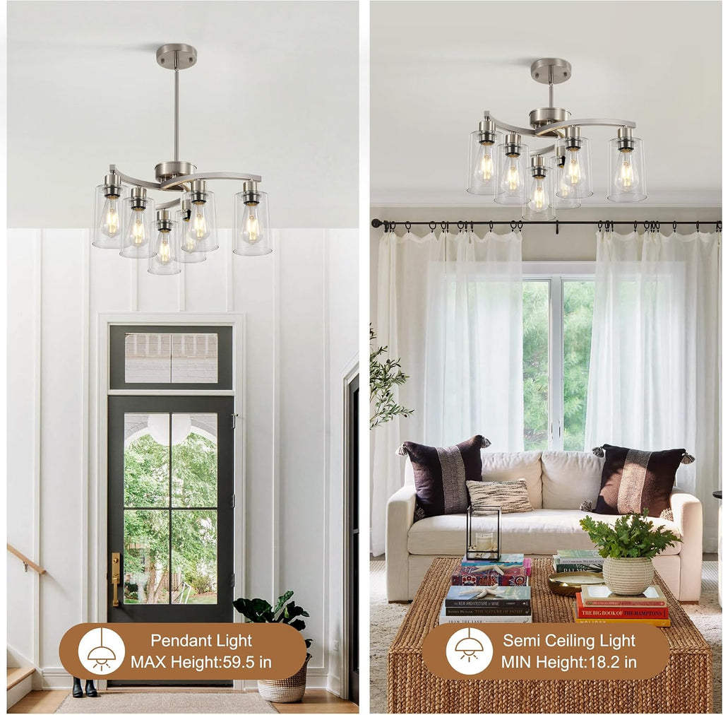 Sigaitwei 6 Light Farmhouse Brushed Nickel Chandelier,21.7' Modern Chandeliers for Dining Room Light Fixtures Over Table,Pendant Lights Kitchen Island,Metal Bracket with Downward Clear Glass Shade
