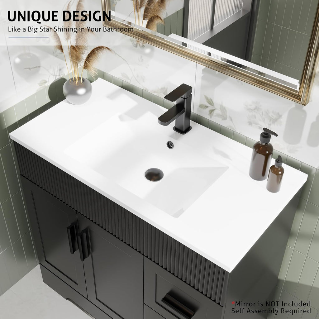 eclife 36' Bathroom Vanities Sink Combo with Painted Surface, Modern Drawered Cabinet W/Decorative Wave Lines, Undermount Single White Sink, Matte Black Faucet Drain, Black