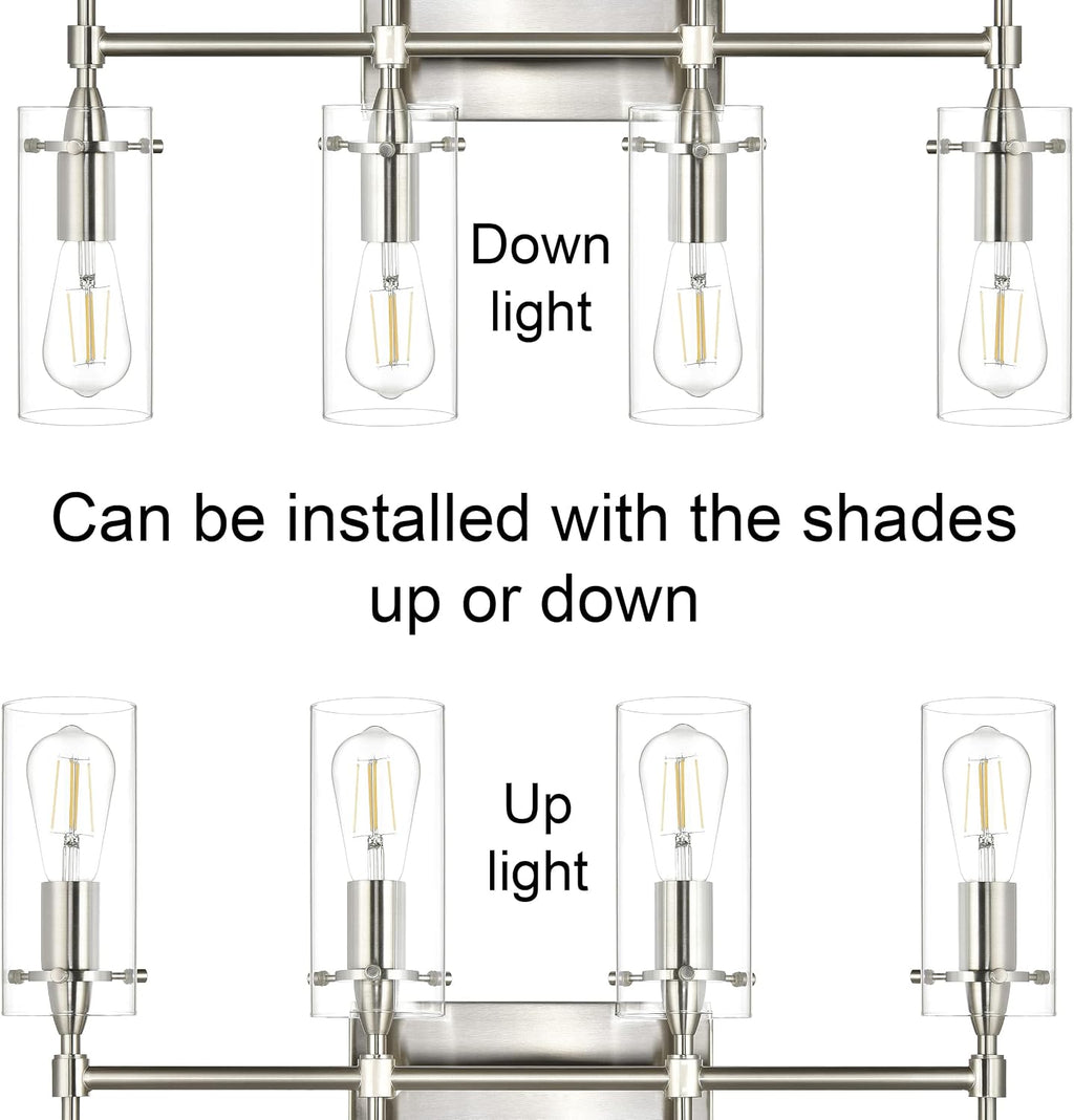 Linea di Liara Effimero Modern Farmhouse Bathroom Vanity Lights Fixtures 4 Lights Over Mirror Brushed Nickel Vanity Lights For Bathroom Light Fixtures Industrial Lighting Clear Glass Covers, UL Listed