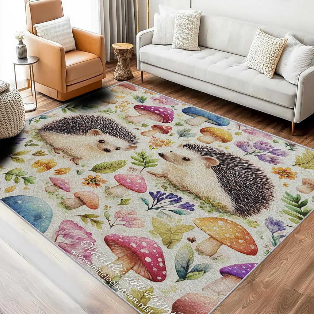 Hedgehog Rug 8x12 for Bedroom, Forest Woodland Animal Patterned Living Room Area Rug, Hedgehog Kids Boys Girls Room Decor, Washable Soft Thin Carpet with Non Slip Backing, 8 x 12 ft - Lu11540
