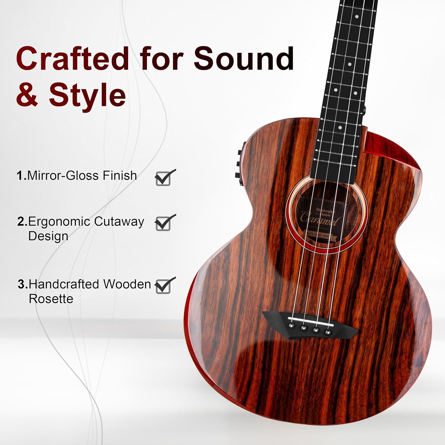 Caramel BEG91 Cutaway Ebony Glossy Baritone Acoustic & Electric Ukulele with Armrest | 30-inch Handmade Professional Ukelele Kit with Accessories