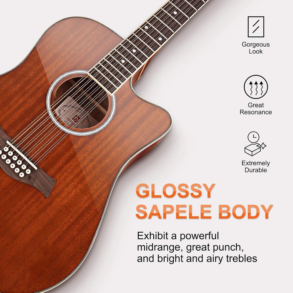 Vangoa 12 String Guitar, Acoustic-electric Dreadnought Cutaway Guitar Bundle with Strings Set