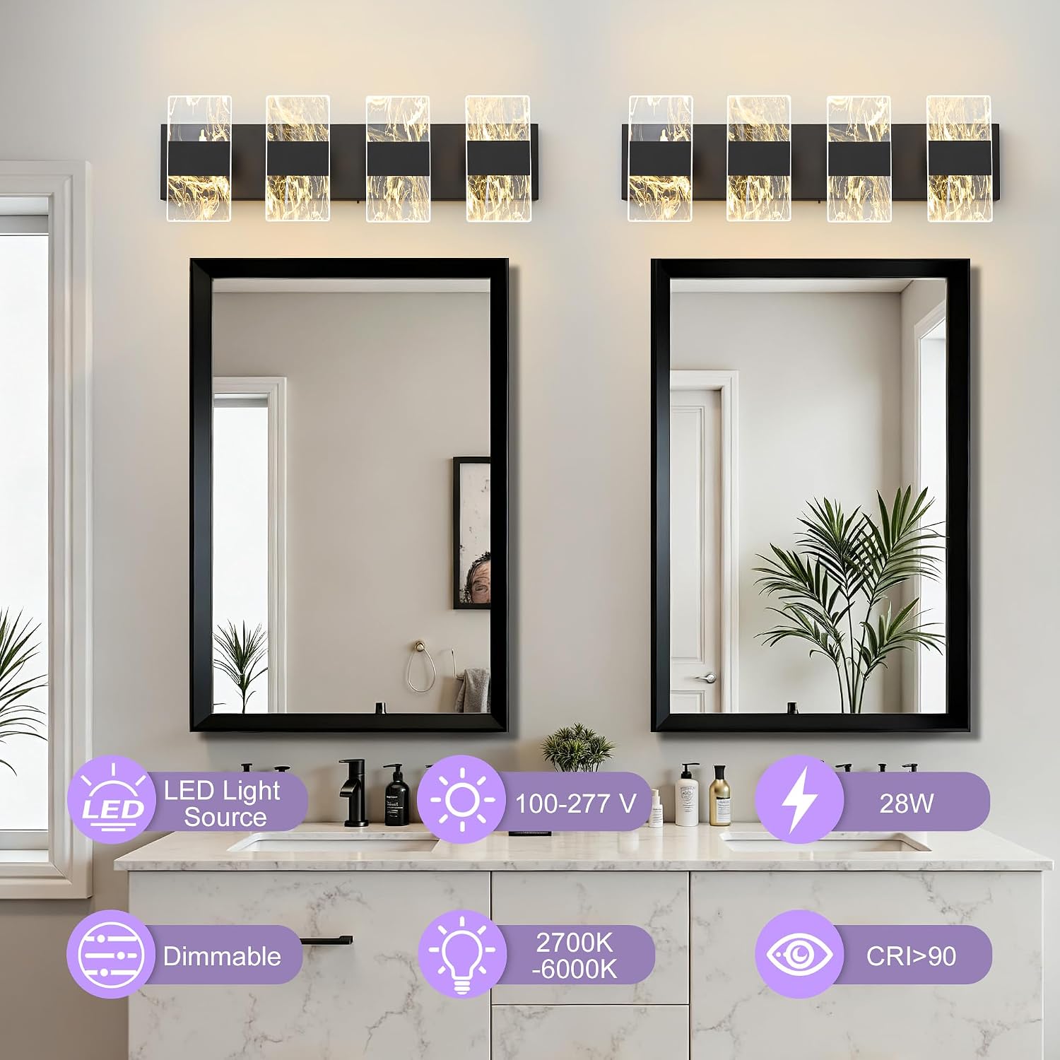 Modern LED Bathroom Light Fixtures Dimmable 4-Light Black Vanity Light, 5CCT Adjustable Lighting Fixture Vanity Lights Over Mirror, Smoked Acrylic LED Vanity Lights for Bathroom