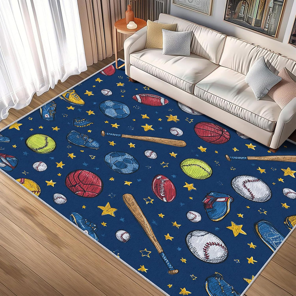 Sports Ball Rug 8x12 for Bedroom, Soccer Basketball Patterned Living Room Area Rug, Sports Ball Kids Boys Girls Room Decor, Washable Soft Thin Carpet with Non Slip Backing, 8 x 12 ft - Lu11428