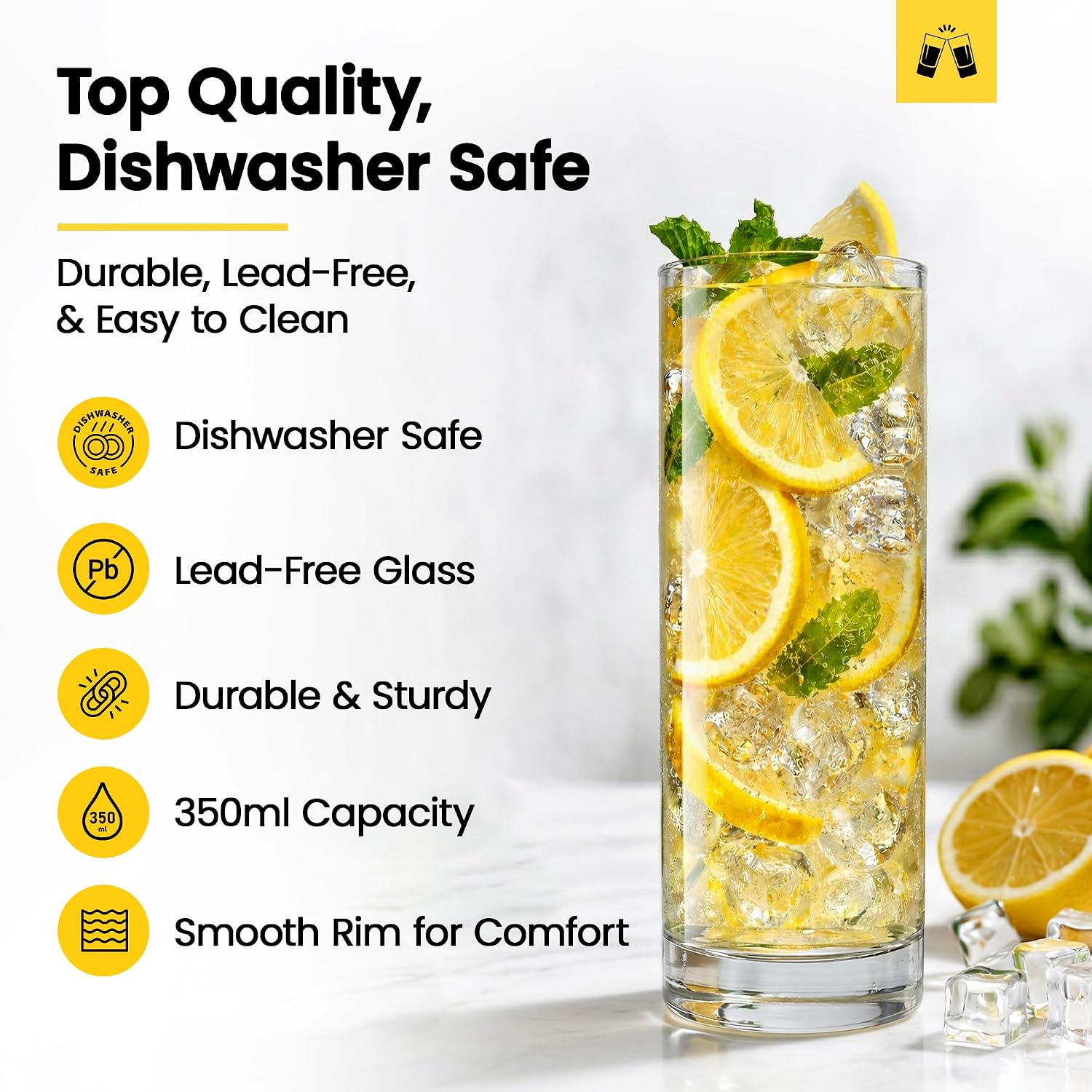 LEMONSODA Highball Glasses 12oz Set of 48 | Lead-Free Glass Durable Weighted Base | Dishwasher Safe Cocktail Glassware for Mojito Whiskey Iced Tea Water | Gift Box Included Modern Design