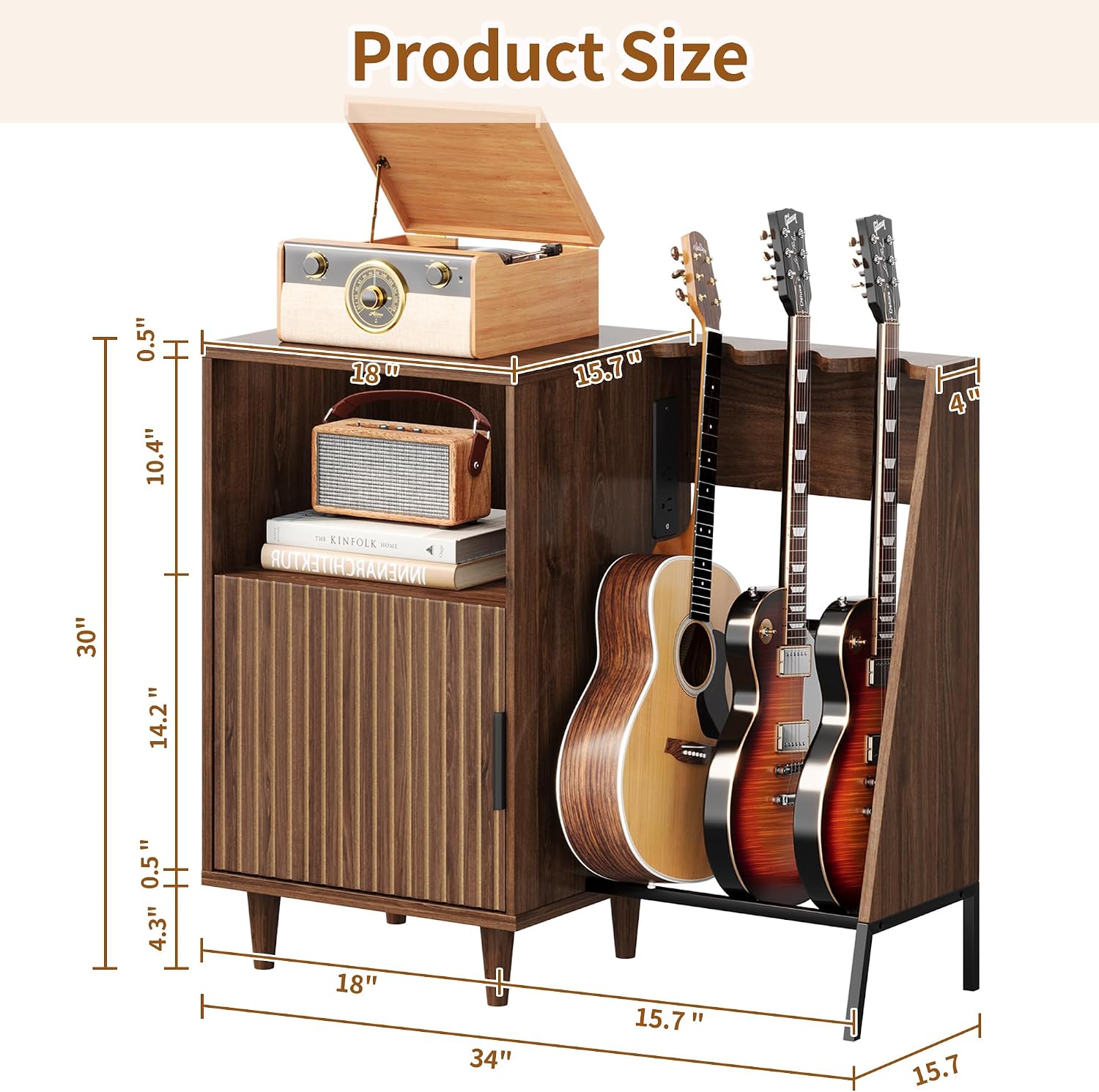 Guitar Stand with Vinyl Record Storage, Record Player Stand with Multiple Guitars Holder, Built-in Power Outlet, Guitar Amp Stand for Acoustic, Electric Guitar, Bass, Speaker, Amp