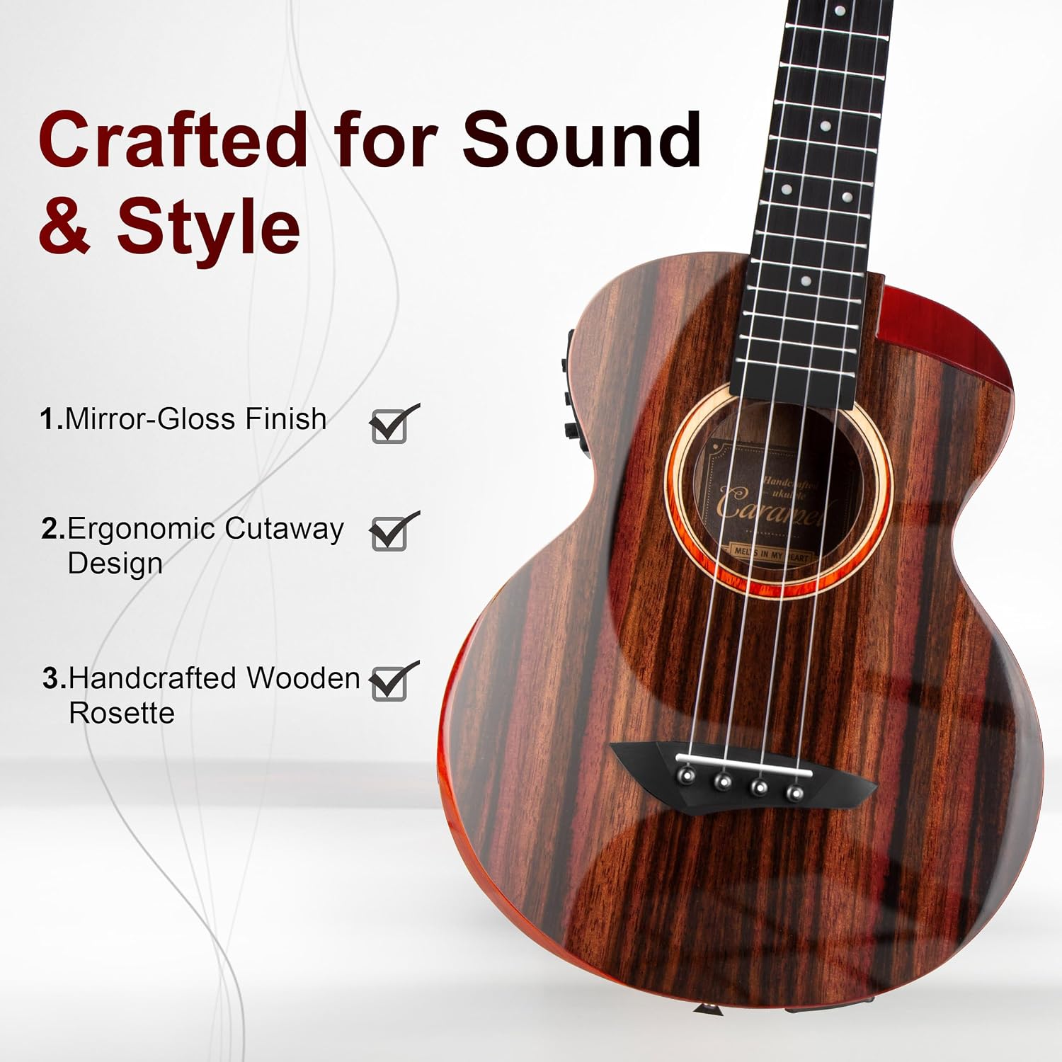 Caramel TEG91 Cutaway Ebony Glossy Tenor Acoustic & Electric Ukulele with Armrest | 26-inch Handmade Professional Ukelele Kit with Accessories
