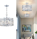 MEXO Farmhouse Crystal Convertible Chandelier and Semi Flush Mount Lighting Chrome Cylinder Drum Shade Pendant for Kitchen Island Dining Room Bedroom Hallway