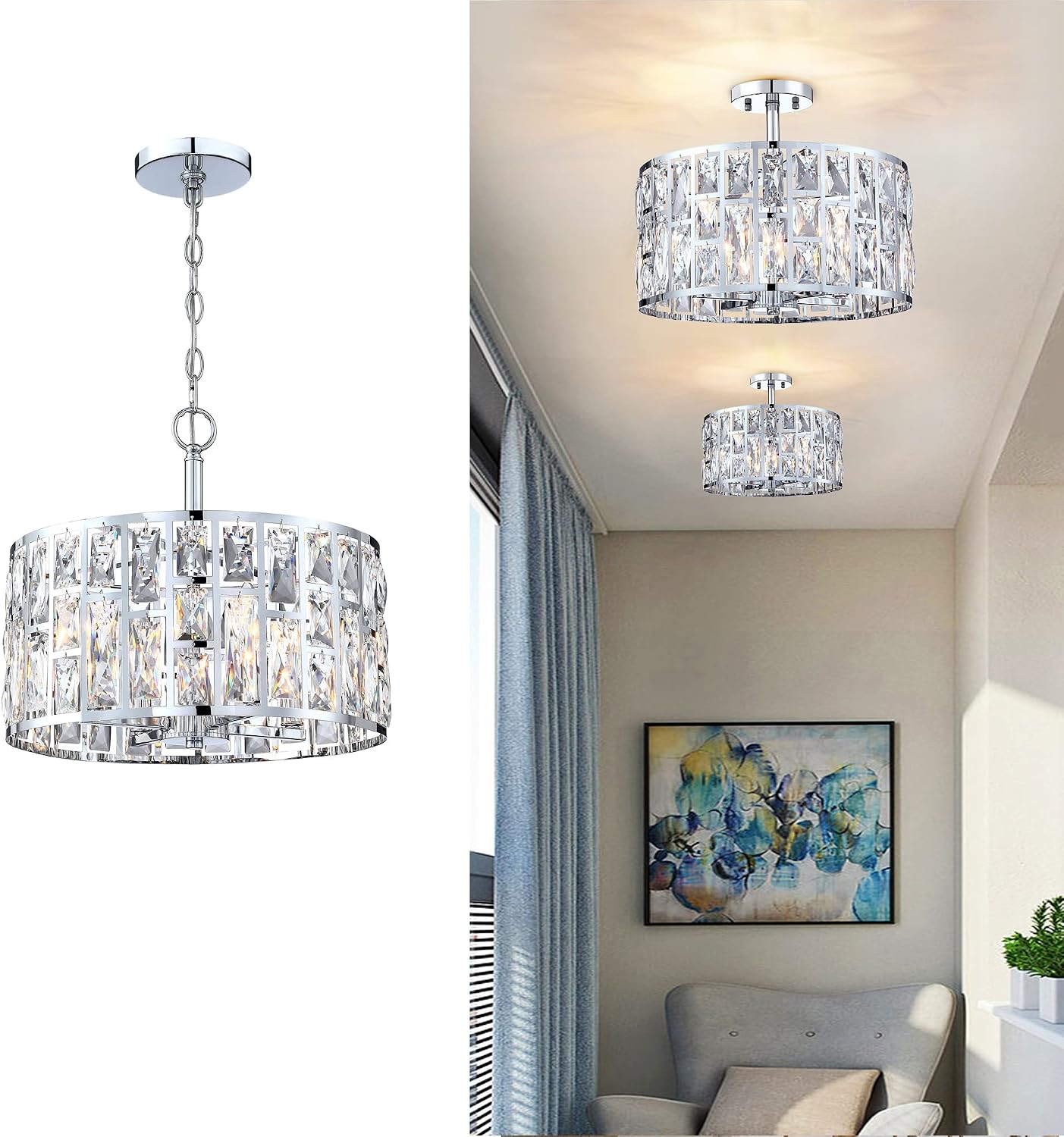 MEXO Farmhouse Crystal Convertible Chandelier and Semi Flush Mount Lighting Chrome Cylinder Drum Shade Pendant for Kitchen Island Dining Room Bedroom Hallway