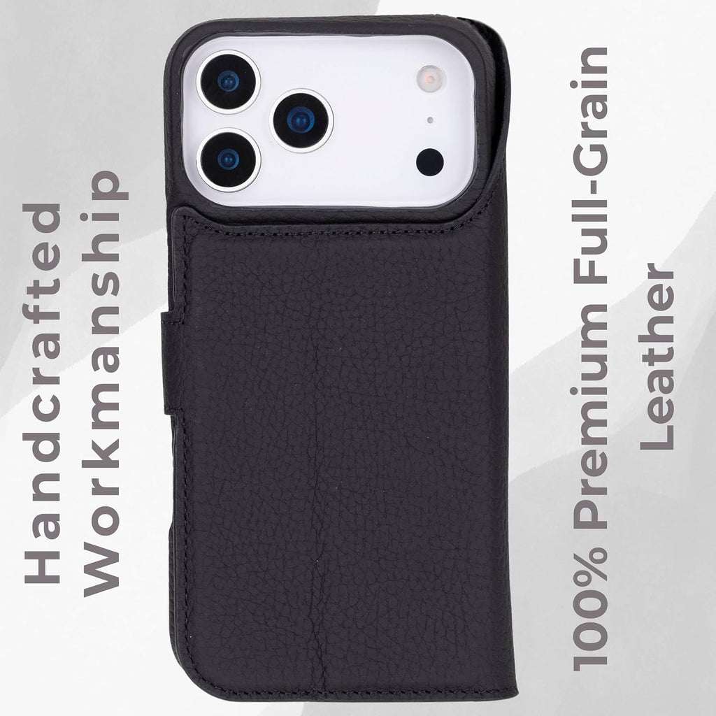 VENOULT Leather Wallet Case for iPhone 17 Pro Max, Full Grain Genuine Leather, Magnetic Detachable, 4 Card Holder, Buesiness Style, Compatible with MagSafe, RFID, Handmade (Pebble Black)