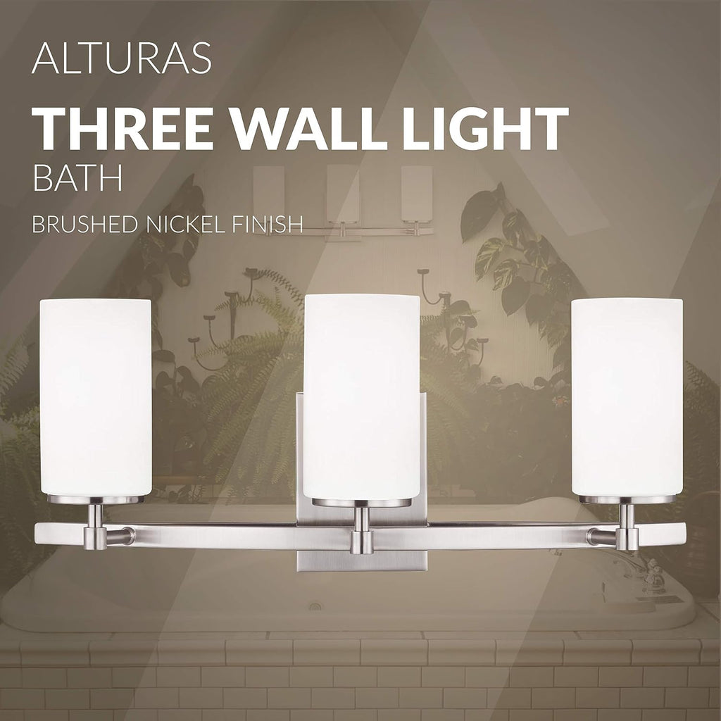 Generation Lighting 4424603-962 Alturas Three Light Wall/Bath Vanity Style Lights, Brushed Nickel Finish, 300 Total Watts, 9.125 Inch Height, 22 Inch Wide, Steel Construction