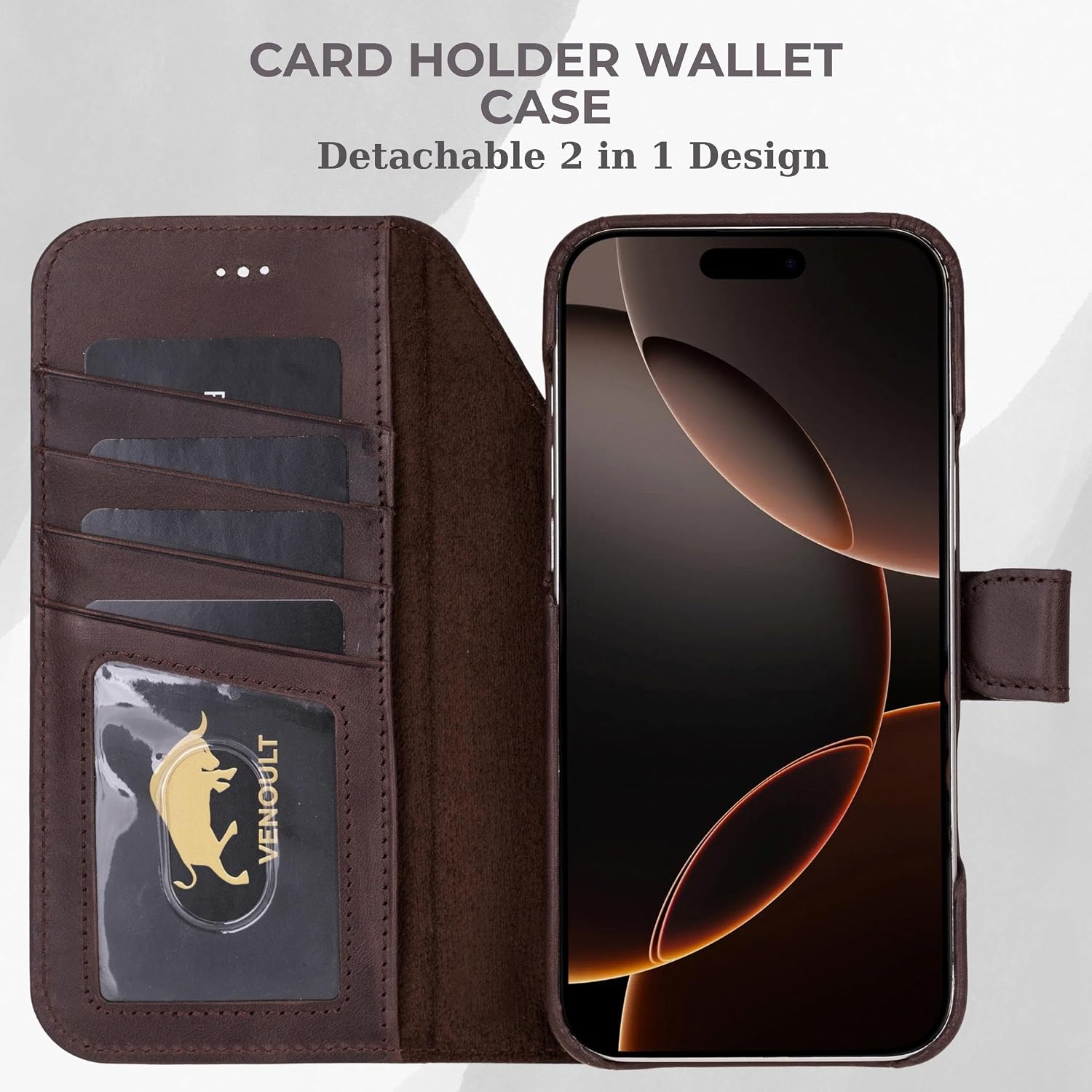 VENOULT Leather Wallet Case for iPhone 17 Pro Max, Full Grain Genuine Leather, Magnetic Detachable, 4 Card Holder, Buesiness Style, Compatible with MagSafe, RFID, Handmade (Chcolate)