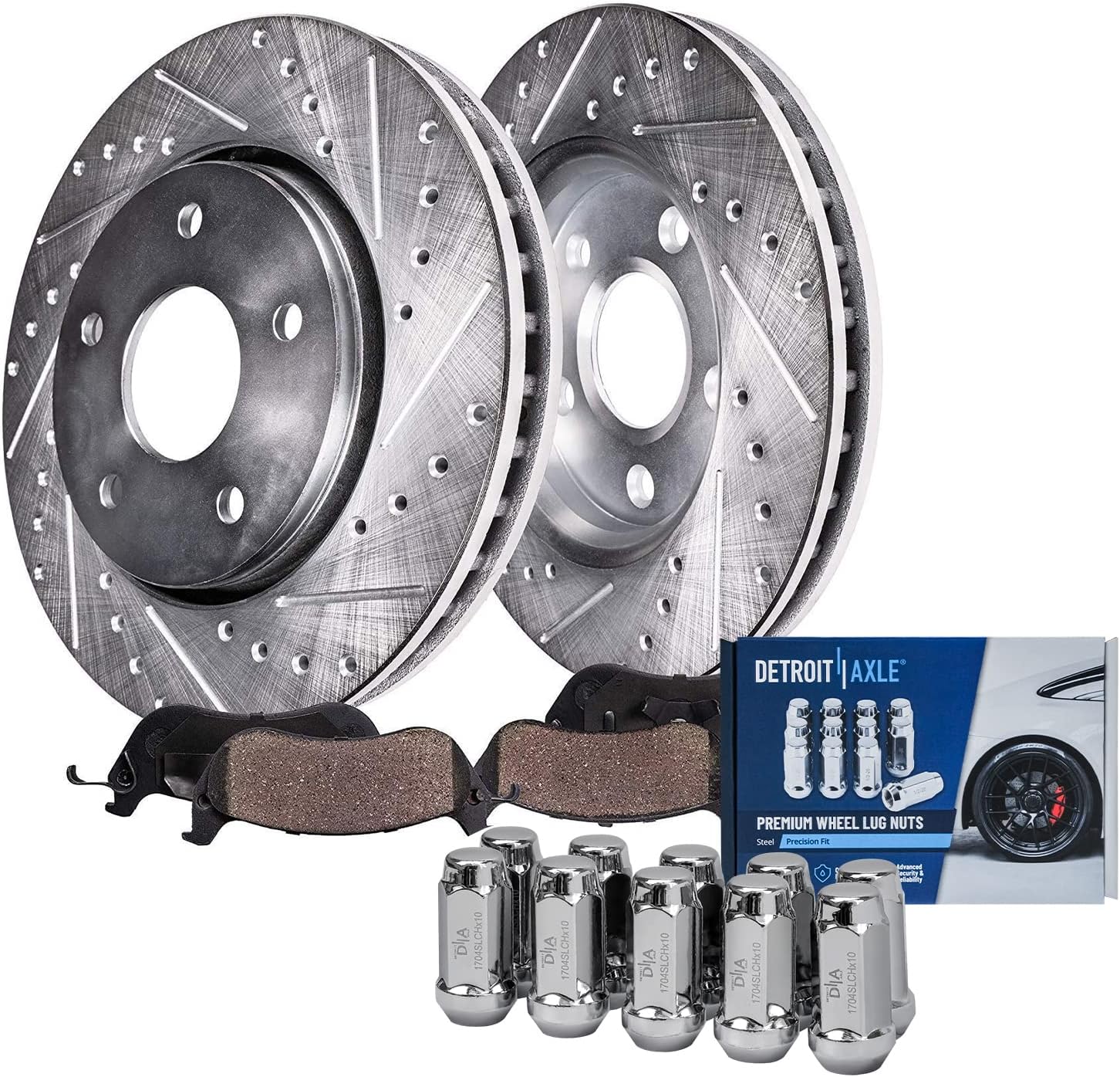 Detroit Axle - Front Brake Kit for Ford 2009-2019 Flex 2010-2019 Taurus Lincoln 2010-2019 MKT 2011-2012 MKS Drilled Brake Rotors Ceramic Brakes Pads 10pc Wheel Lug Nuts Replacement [12.80 inch Rotors]