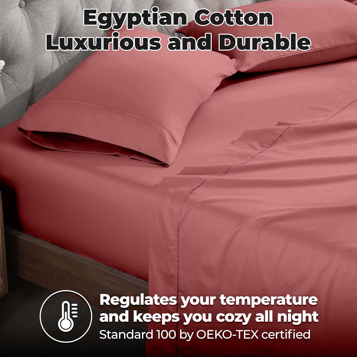 Superior Egyptian Cotton 400 Thread Count Bed Sheet Set, 2 Elastic Deep Pocket Fitted Sheets, 1 Flat Sheet, 2 Pillowcases, Soft Bedding, Luxury Sheets, Sateen Weave, Split King Size, Blush