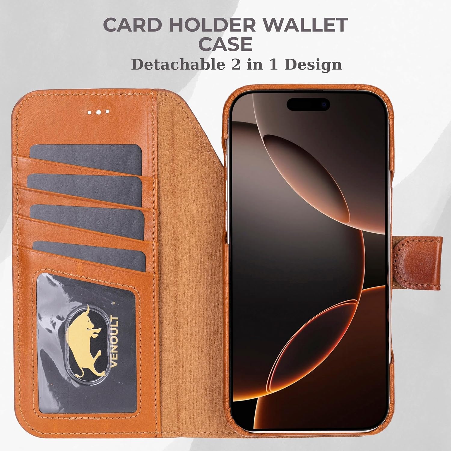 VENOULT Leather Wallet Case for iPhone 17 Pro Max, Full Grain Genuine Leather, Magnetic Detachable, 4 Card Holder, Buesiness Style, Compatible with MagSafe, RFID, Handmade (Chestnut Brown)