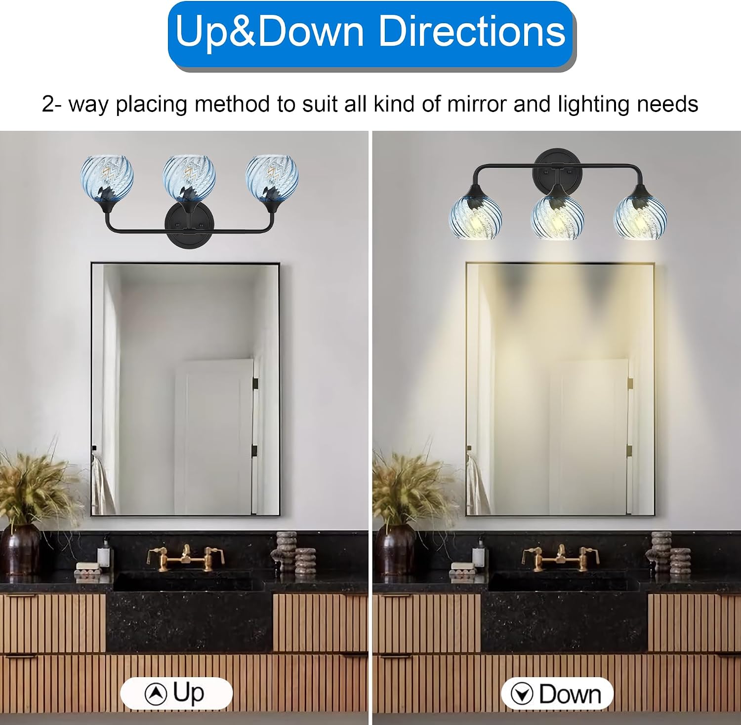 MELUCEE 25 Inch Bathroom Light Fixtures Black, 3-Light Vanity Lights with Blue Striped Swirl Glass Shade, Mid-Century Modern Bathroom Vanity Light Over Mirror