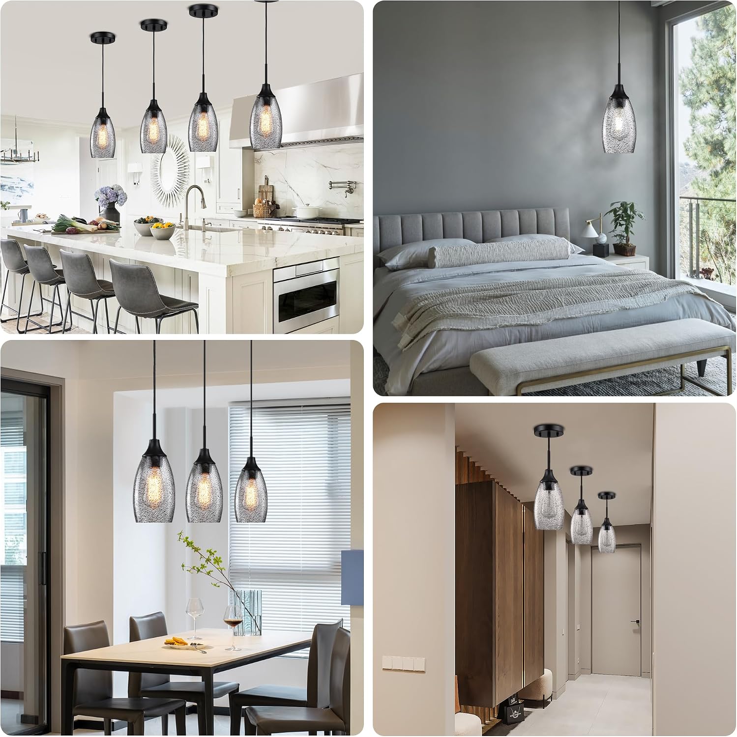 Viinew Mini Glass Pendant Light,4.72' Black Glass Hanging Light 3-Pack Handblown Clear Black Seeded Shade Adjustable Cord Ceiling Light Fixture for Kitchen Island Sink