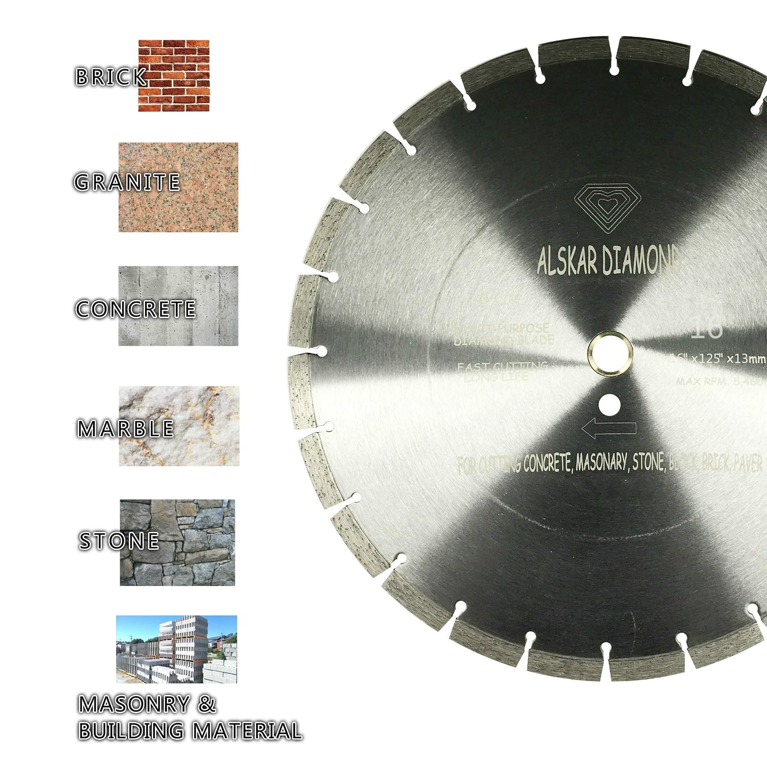 (5 Pack) ALSKAR DIAMOND ADLSS 16 inch Dry or Wet Cutting General Purpose Power Saw Segmented Diamond Blades for Concrete Stone Brick Masonry (16' - 5 pcs)