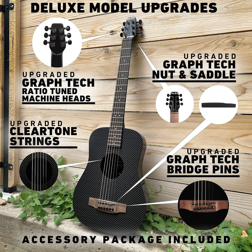 KLOS Travel Deluxe, Durable Carbon Fiber Acoustic Electric Guitar - Black with Gig Bag, Capo, and more