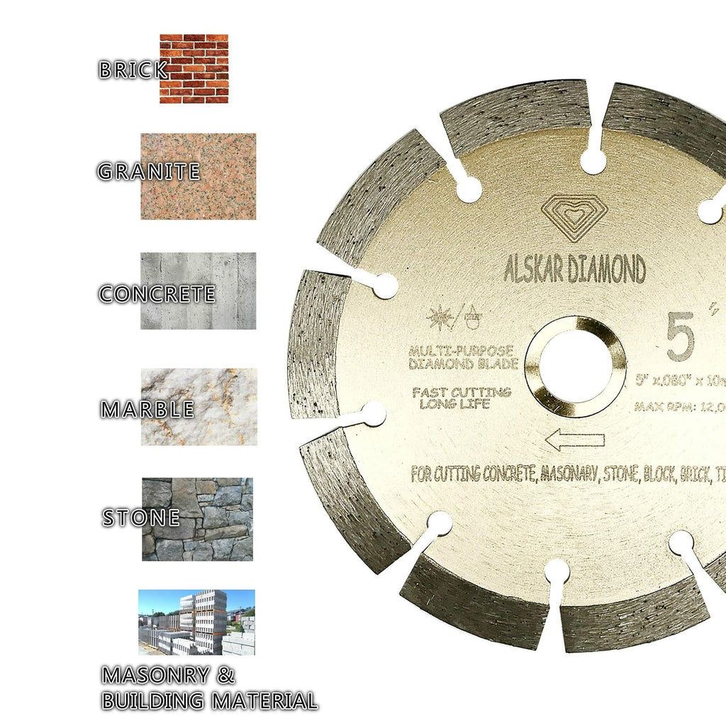(20 Pack) ALSKAR DIAMOND 5 inch Dry or Wet Cutting General Purpose Power Saw Segmented Diamond Blades for Concrete Stone Brick Masonry (5' - 20 pcs)