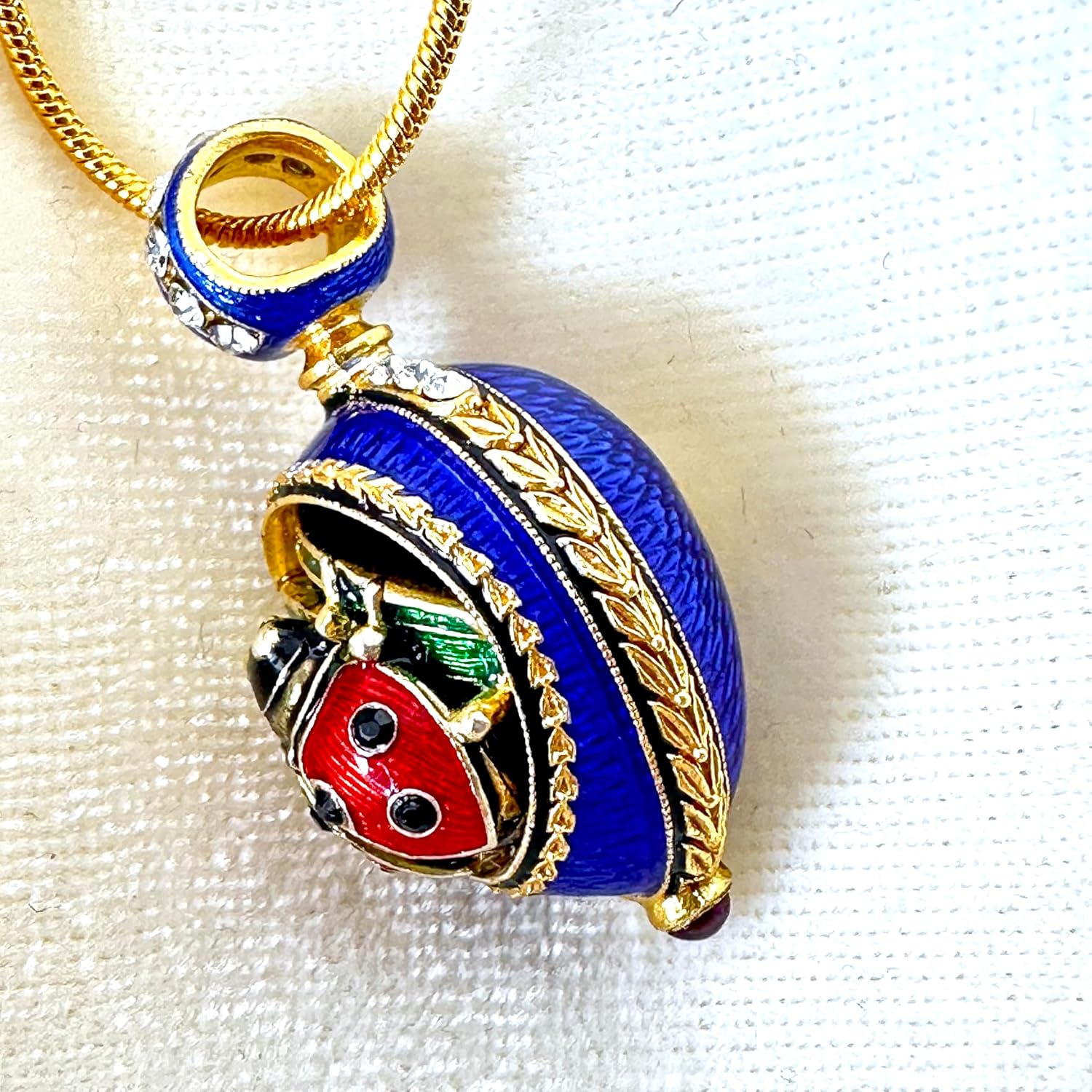 Ladybug Necklace Good Luck Guilloché Blue Enamel Egg Pendant Sterling Silver Crystals Genuine Garnet Gold Plate 24 inch Chain
