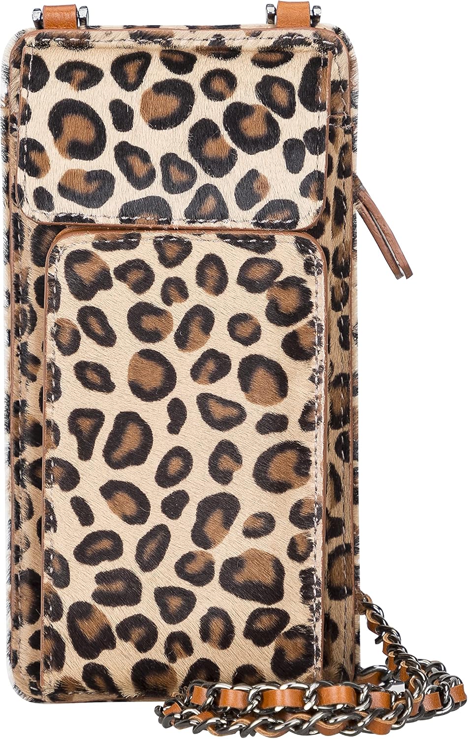 Crossbody Women Wallet fits iPhone 16 Pro MAX / 17 Pro MAX and All Mobile Devices up to 6.9' - Zippered Women Purse, Shoulder Bag with Card Holder, Pocket & Chain Strap, Trendy (Leopard)