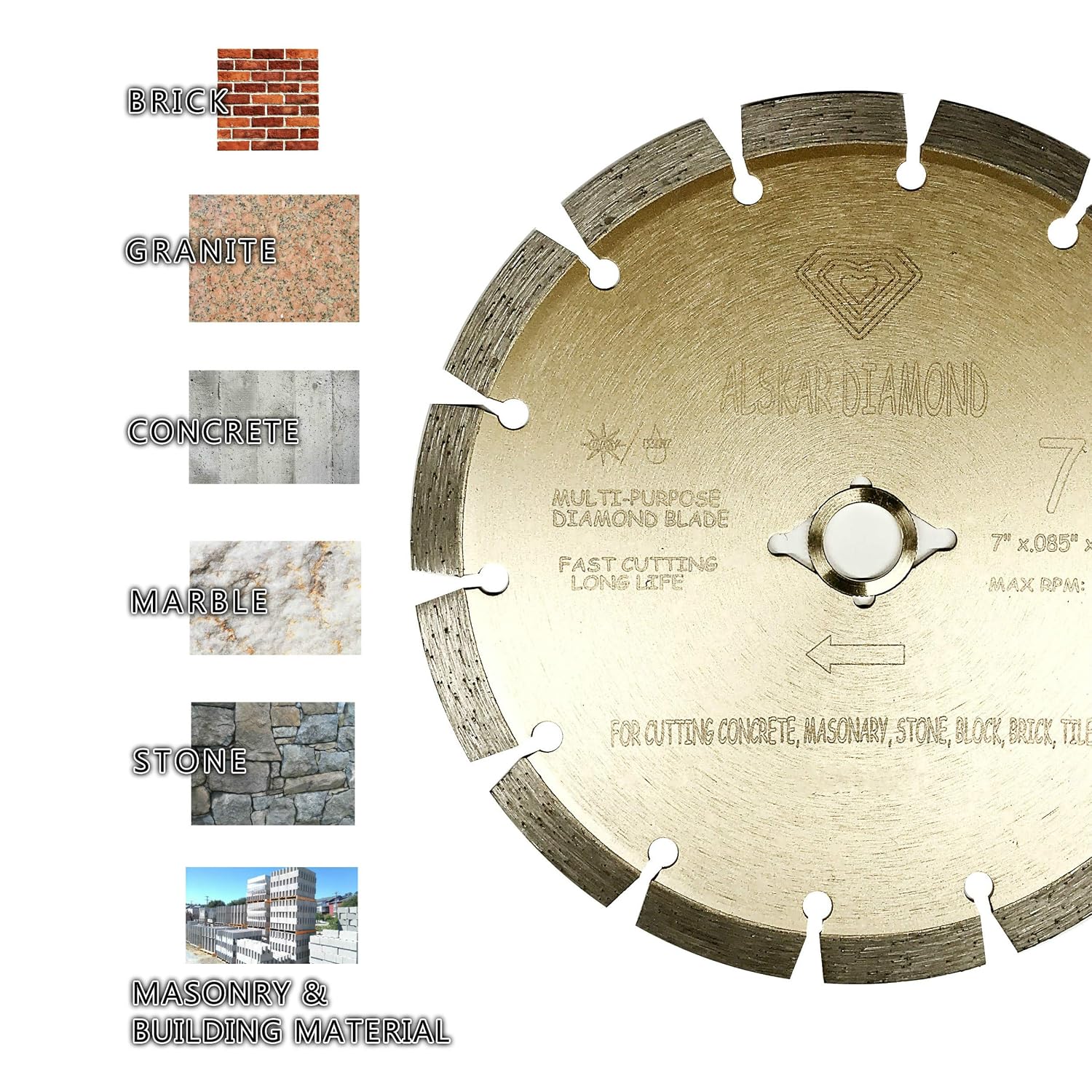 (10 Pack) ALSKAR DIAMOND 7 inch Dry or Wet Cutting General Purpose Segmented High Speed Diamond Saw Blades for Concrete Stone Brick Masonry (7' - 10 pcs)