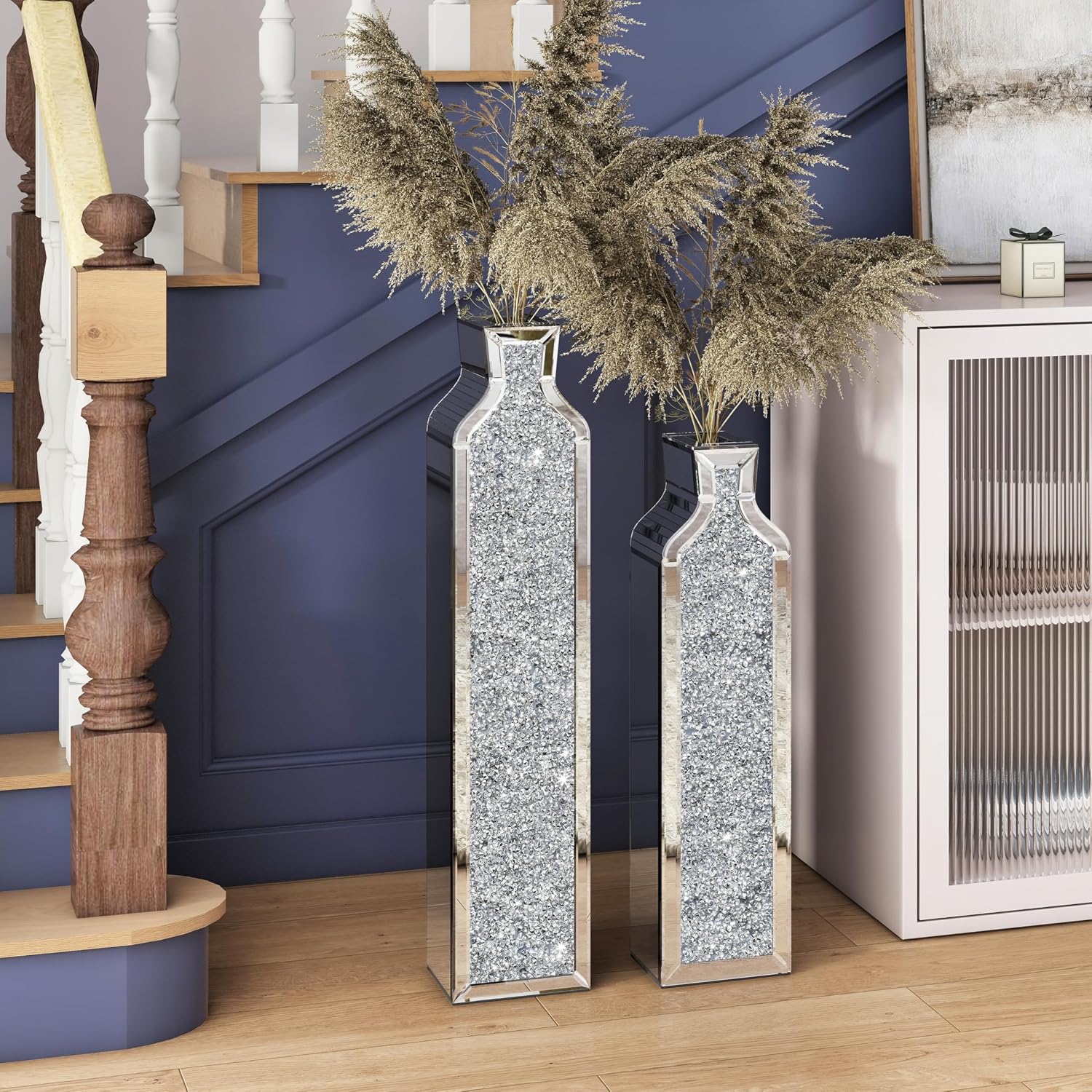 SHYFOY Floor Vase Crushed Diamond Mirrored Vase - Silver Floor Standing Vases Set of 2-24' & 30' Large Crystal Tall Vases for Living Room Dining Bedroom Home Corner Hallway Indoor Office Floor