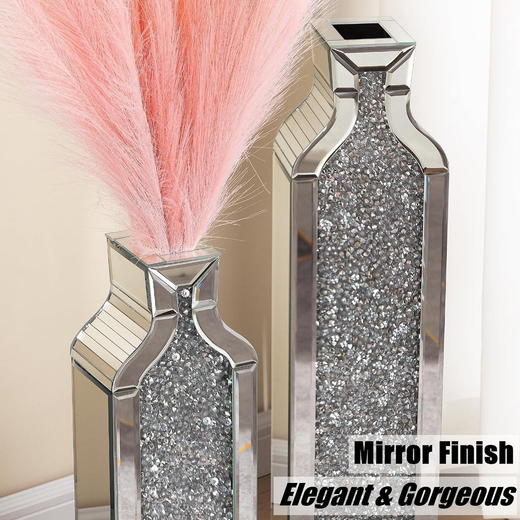 SHYFOY Floor Vase Crushed Diamond Mirrored Vase - Silver Floor Standing Vases Set of 2-24' & 30' Large Crystal Tall Vases for Living Room Dining Bedroom Home Corner Hallway Indoor Office Floor