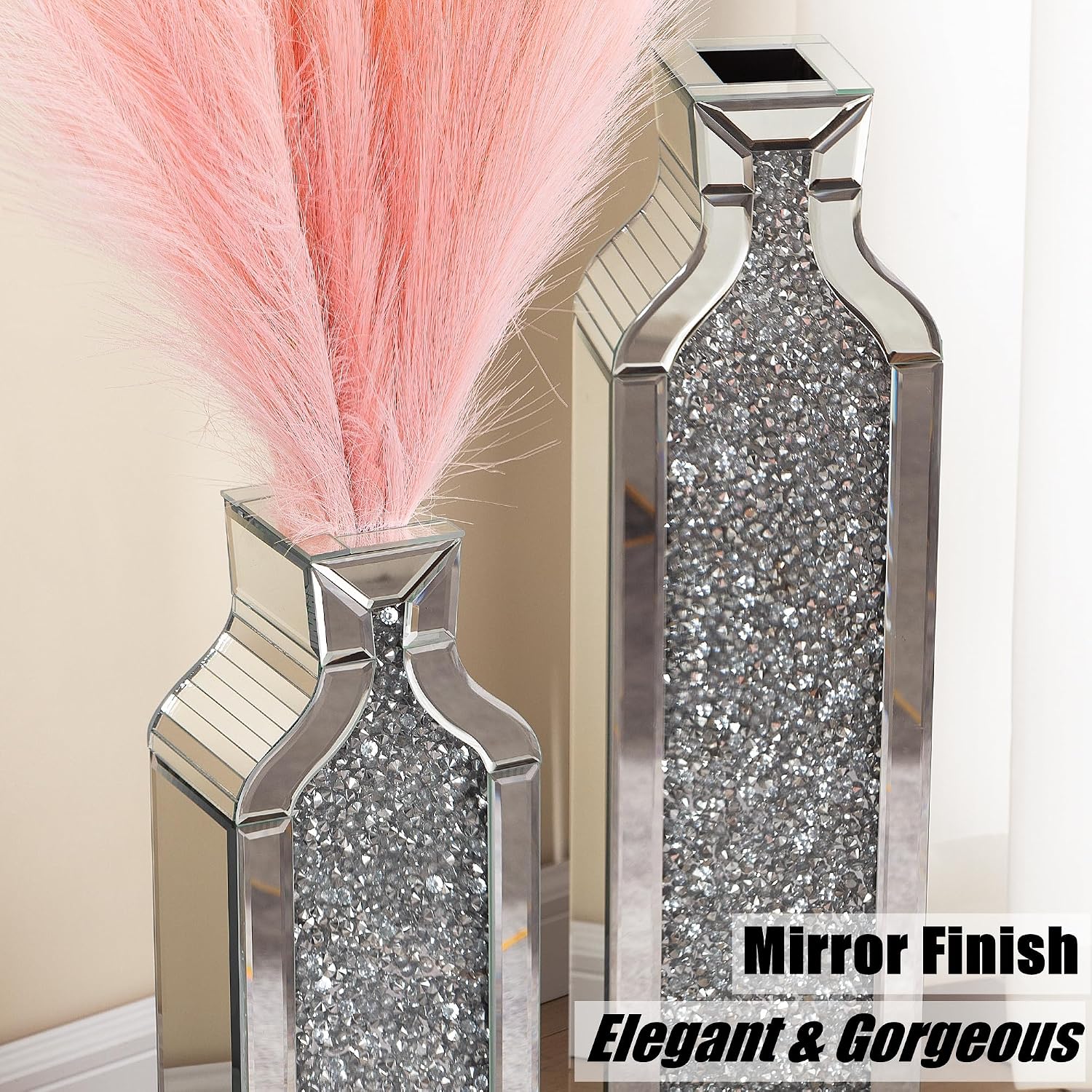 SHYFOY Floor Vase Crushed Diamond Mirrored Vase - Silver Floor Standing Vases Set of 2-24' & 30' Large Crystal Tall Vases for Living Room Dining Bedroom Home Corner Hallway Indoor Office Floor