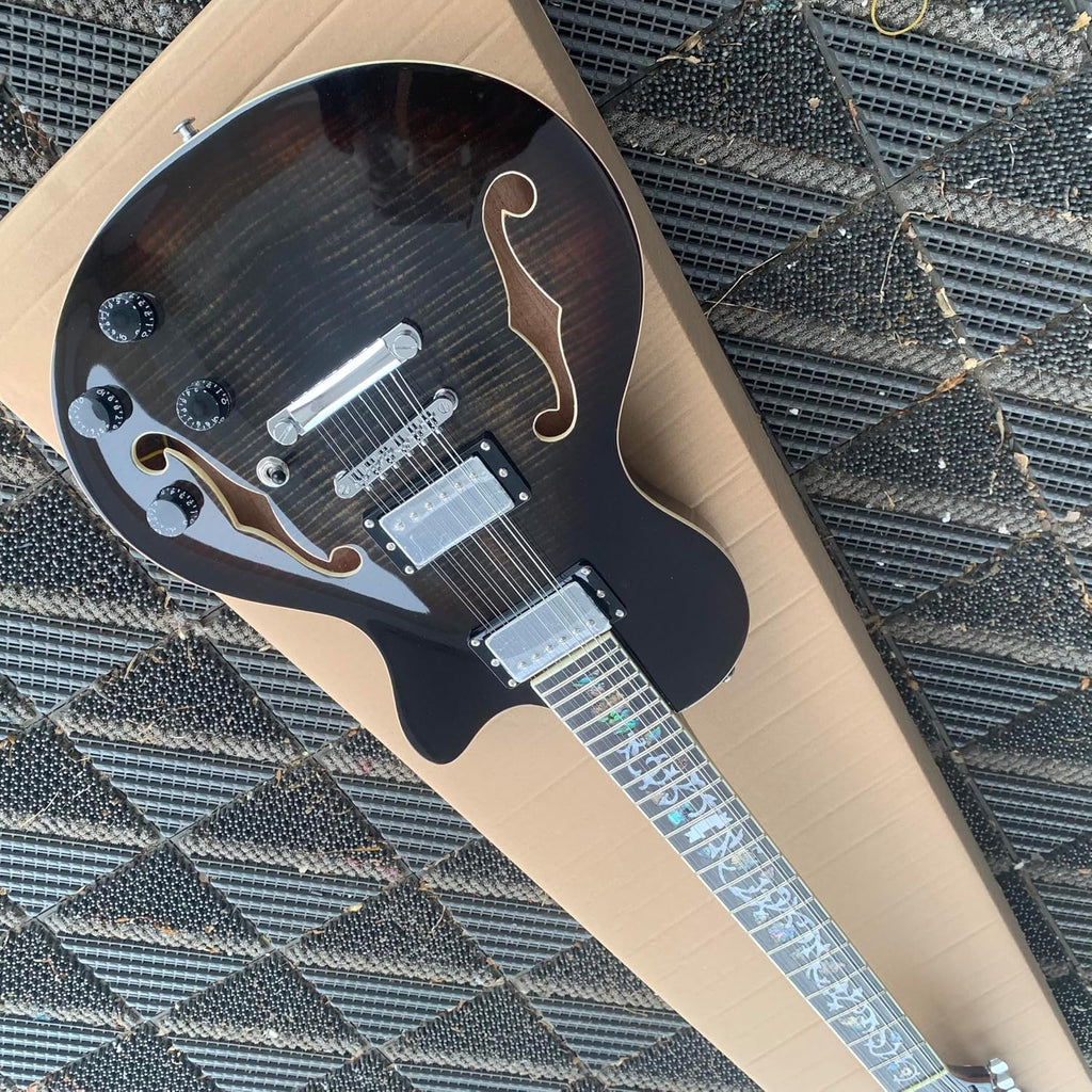 12-String Semi-Hollow Body Electric Guitar, Black Flame Maple Top with Chrome Hardware