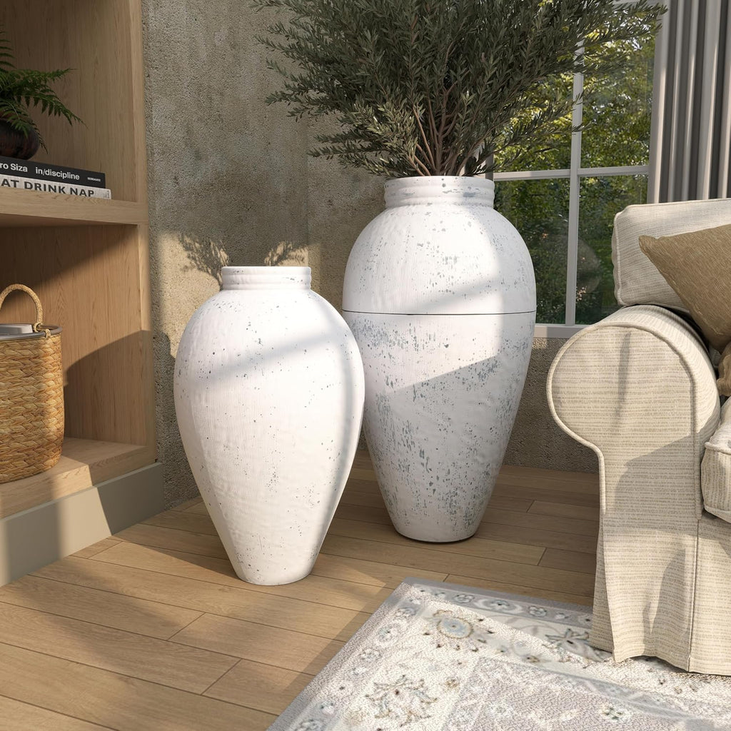 Deco 79 Metal Decorative Vase Tall Distressed Pot Floor Centerpiece Vases, Set of 2 Flower Vases for Home Decoration 31', 24' H, White