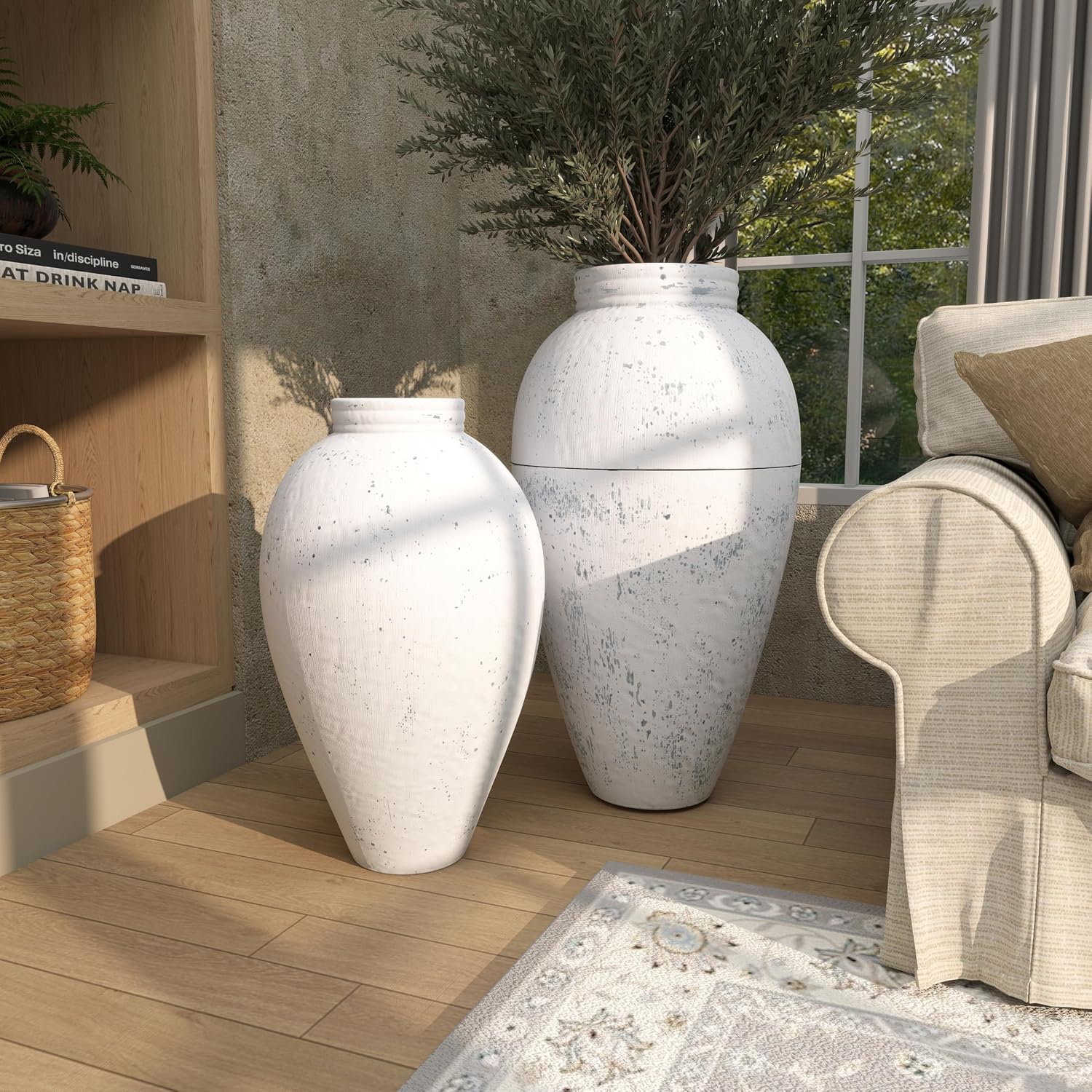 Deco 79 Metal Decorative Vase Tall Distressed Pot Floor Centerpiece Vases, Set of 2 Flower Vases for Home Decoration 31', 24' H, White