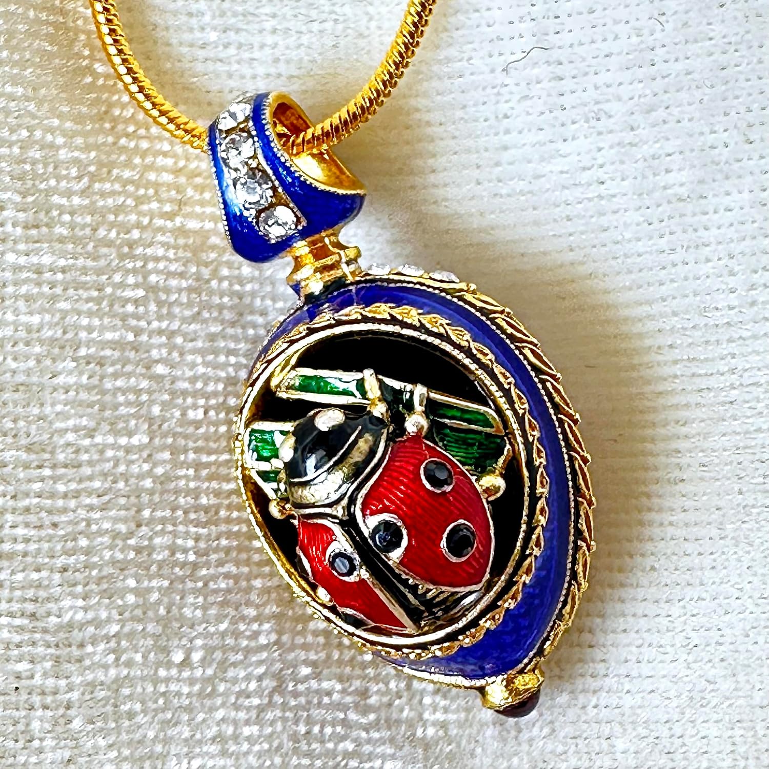 Ladybug Necklace Good Luck Guilloché Blue Enamel Egg Pendant Sterling Silver Crystals Genuine Garnet Gold Plate 24 inch Chain
