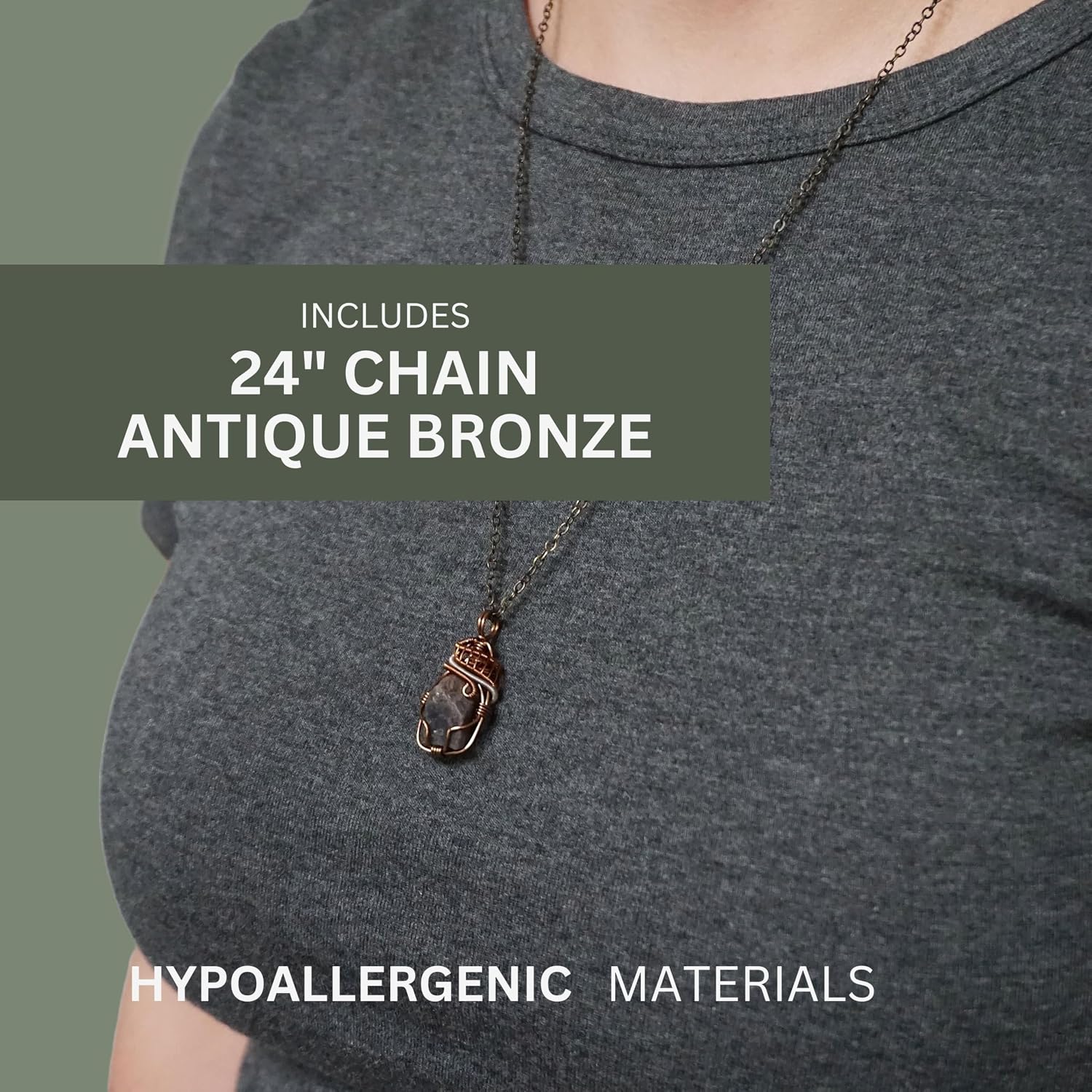 Designs by Nature Gems Handcrafted Raw Gemstone Necklace, Mixed Wire Pendant in Antique Bronze with 24 Inch Chain