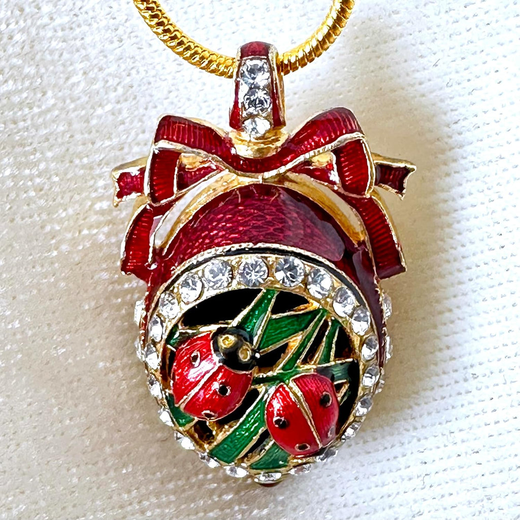 Ladybugs Red Guilloché Enamel Sterling Silver Necklace Pendant Genuine Garnet Crystals 24k Gold Plate Chain